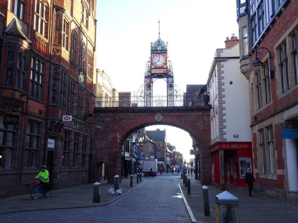 Eastgate Clock above the stone archway on Eastgate Street in Chester