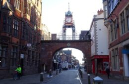 Eastgate Clock above the stone archway on Eastgate Street in Chester