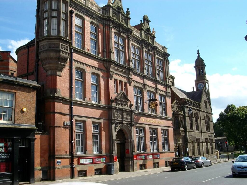 The red-brick and stone frontage of Grosvenor Museum in Chester.