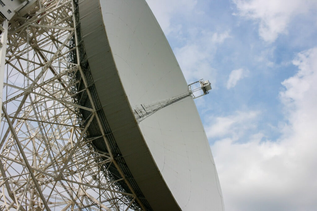 Close-up of the Lovell Telescope dish and steel framework at Jodrell Bank
